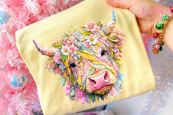 Floral Highland Cow Faux Embroidery PNG
